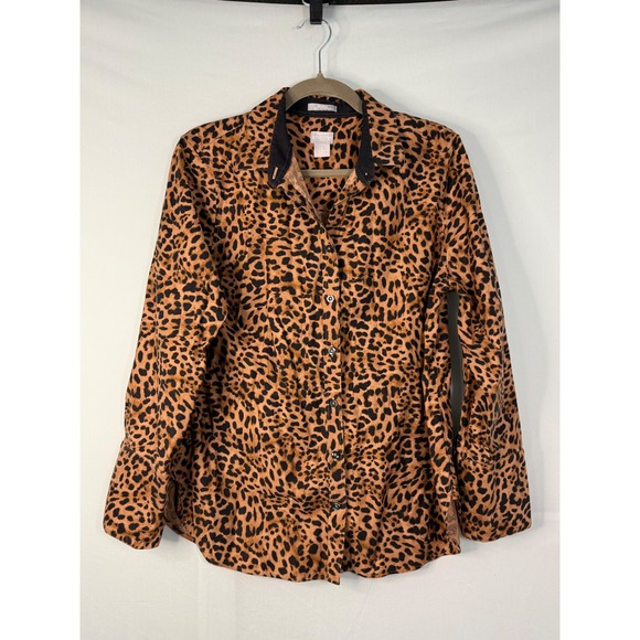 Chico's Tops - Chicos Leopard Print No-Iron Chic Stretch Button Down Shirt 2 L Brown Black